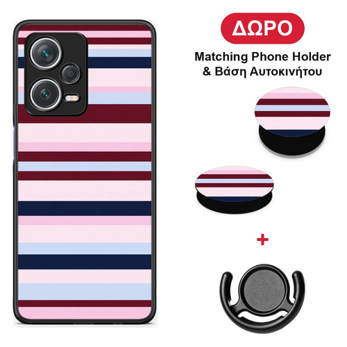 Burgundy Pink and Blue Horizontal Stripes - Xiaomi Redmi Note 12 Pro+ / 12 Pro Discovery θήκη + Δώρο Phone Holder & Βάση Αυτοκινήτου