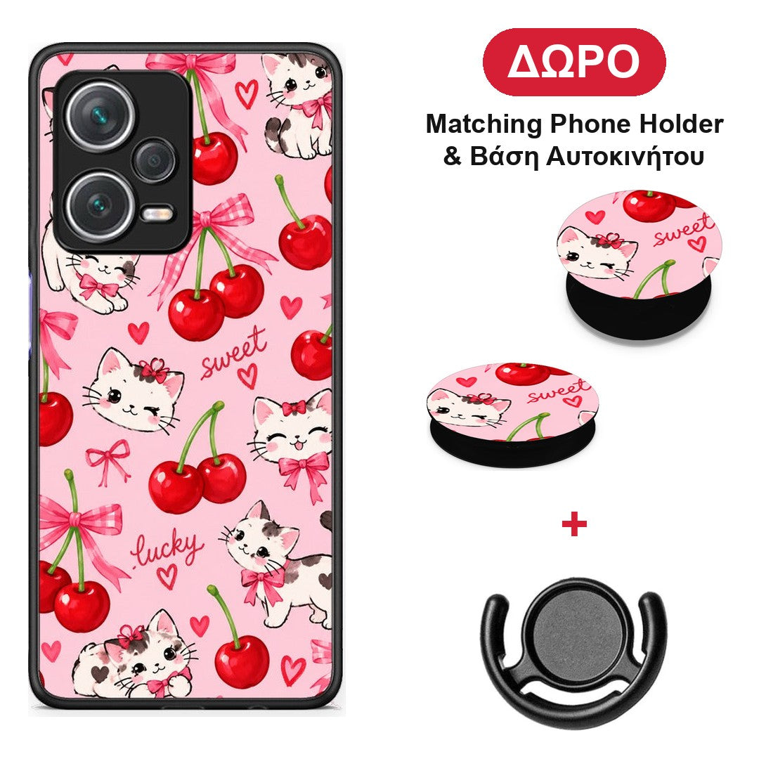 Cherries Bows and Kittens on Pink - Xiaomi Redmi Note 12 Pro+ / 12 Pro Discovery θήκη + Δώρο Phone Holder & Βάση Αυτοκινήτου