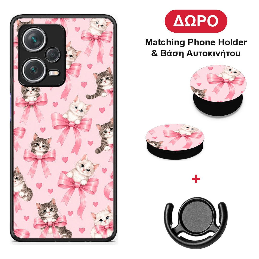 Kittens and Pink Bows on Pink - Xiaomi Redmi Note 12 Pro+ / 12 Pro Discovery θήκη + Δώρο Phone Holder & Βάση Αυτοκινήτου