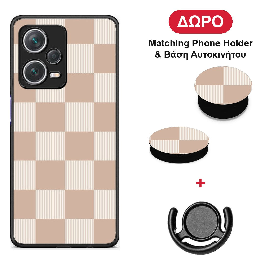 Latte and Cream Striped Checks - Xiaomi Redmi Note 12 Pro+ / 12 Pro Discovery θήκη + Δώρο Phone Holder & Βάση Αυτοκινήτου