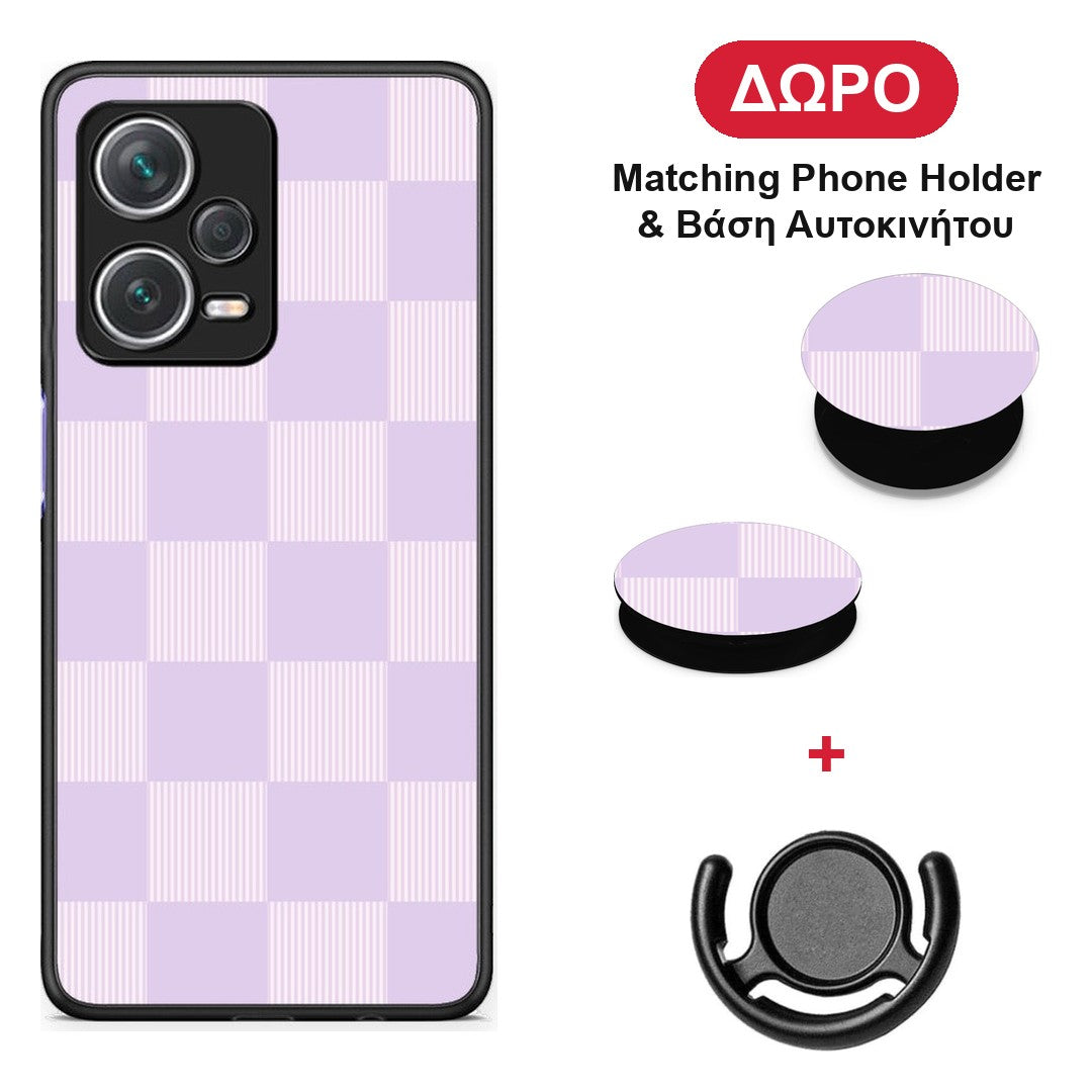 Lilac and Cream Striped Checks - Xiaomi Redmi Note 12 Pro+ / 12 Pro Discovery θήκη + Δώρο Phone Holder & Βάση Αυτοκινήτου