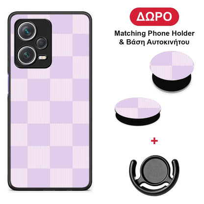 Lilac and Cream Striped Checks - Xiaomi Redmi Note 12 Pro+ / 12 Pro Discovery θήκη + Δώρο Phone Holder & Βάση Αυτοκινήτου