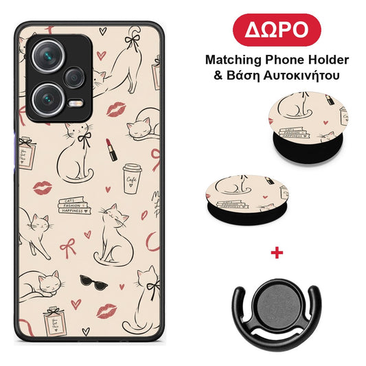 Minimal Cat and Fashion Doodles on Cream - Xiaomi Redmi Note 12 Pro+ / 12 Pro Discovery θήκη + Δώρο Phone Holder & Βάση Αυτοκινήτου
