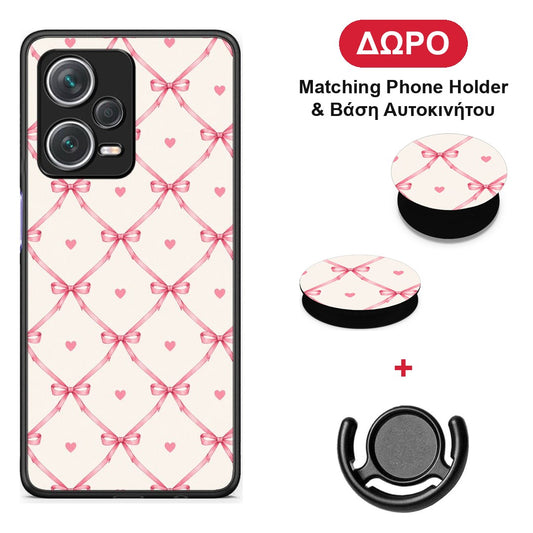 Pink Bow Lattice and Hearts on Cream - Xiaomi Redmi Note 12 Pro+ / 12 Pro Discovery θήκη + Δώρο Phone Holder & Βάση Αυτοκινήτου
