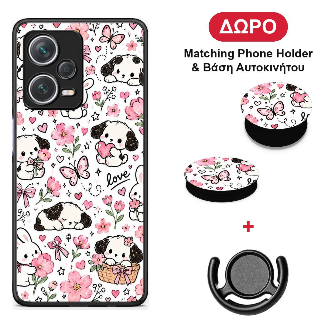 Pink Florals Puppies and Bunnies on White - Xiaomi Redmi Note 12 Pro+ / 12 Pro Discovery θήκη + Δώρο Phone Holder & Βάση Αυτοκινήτου
