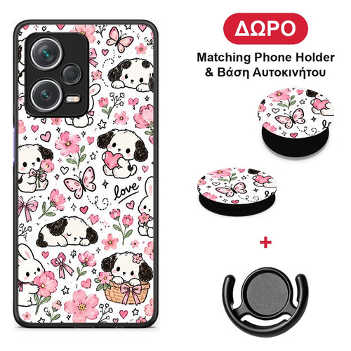 Pink Florals Puppies and Bunnies on White - Xiaomi Redmi Note 12 Pro+ / 12 Pro Discovery θήκη + Δώρο Phone Holder & Βάση Αυτοκινήτου