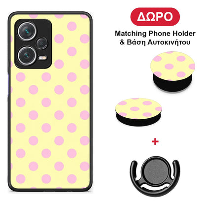 Pink Polka Dots on Yellow - Xiaomi Redmi Note 12 Pro+ / 12 Pro Discovery θήκη + Δώρο Phone Holder & Βάση Αυτοκινήτου