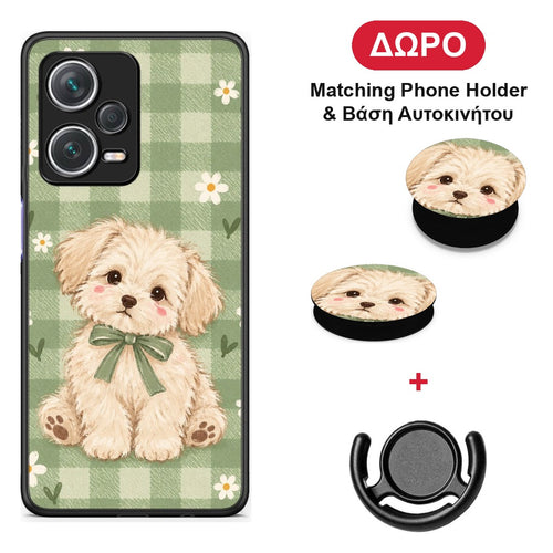 Puppy and Daisies on Sage Gingham - Xiaomi Redmi Note 12 Pro+ / 12 Pro Discovery θήκη + Δώρο Phone Holder & Βάση Αυτοκινήτου