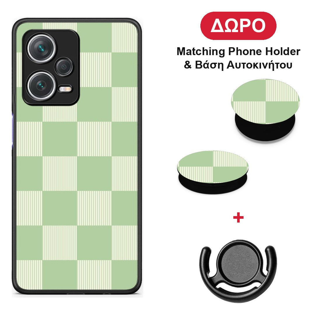 Sage and Cream Striped Checks - Xiaomi Redmi Note 12 Pro+ / 12 Pro Discovery θήκη + Δώρο Phone Holder & Βάση Αυτοκινήτου