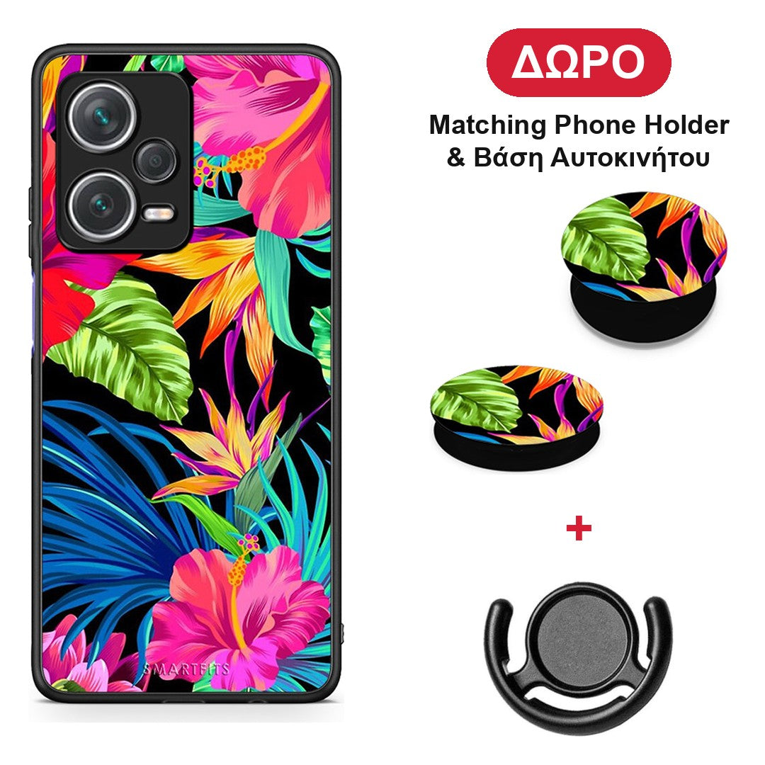 Tropical Flowers - Xiaomi Redmi Note 12 Pro+ / 12 Pro Discovery θήκη + Δώρο Phone Holder & Βάση Αυτοκινήτου