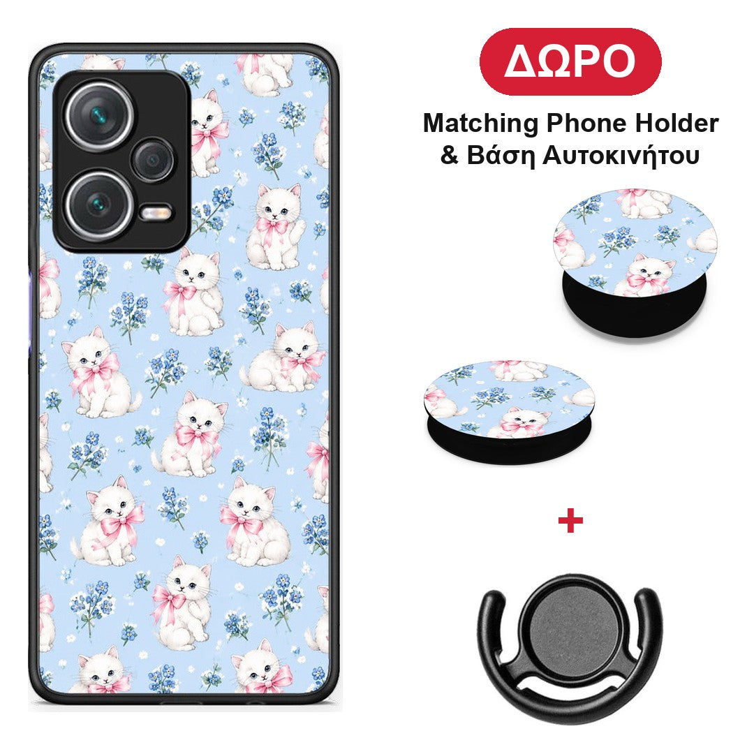 White Kittens and Blue Flowers Small - Xiaomi Redmi Note 12 Pro+ / 12 Pro Discovery θήκη + Δώρο Phone Holder & Βάση Αυτοκινήτου