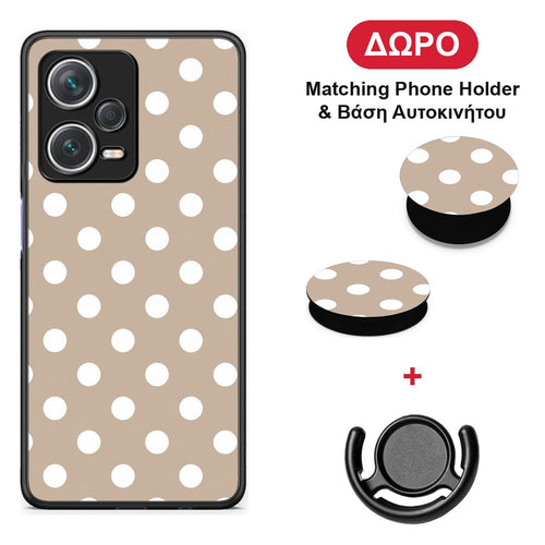 White Polka Dots on Taupe - Xiaomi Redmi Note 12 Pro+ / 12 Pro Discovery θήκη + Δώρο Phone Holder & Βάση Αυτοκινήτου