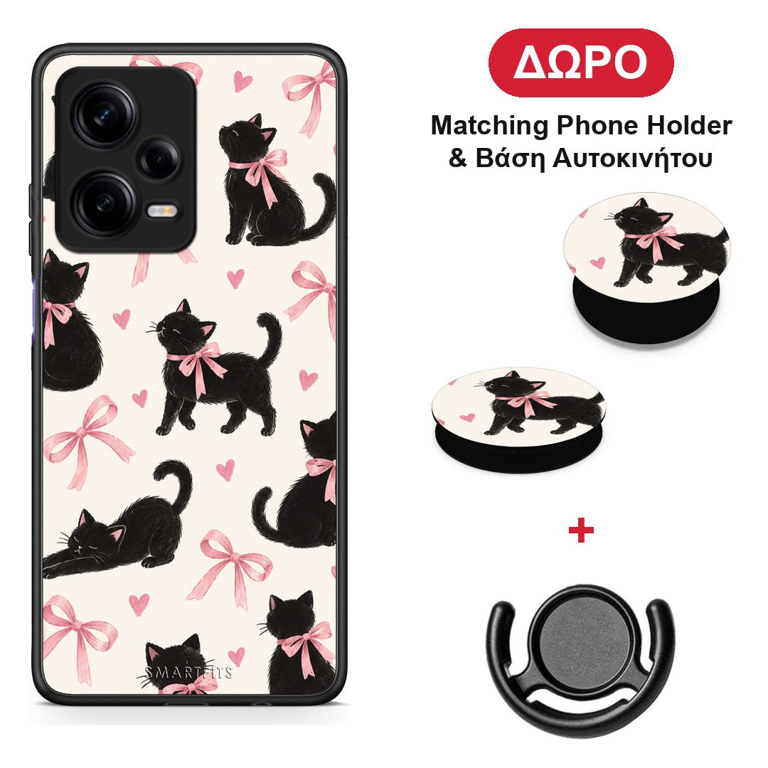 Black Kittens and Pink Bows on Cream Large - Xiaomi Redmi Note 12 Pro 5G θήκη + Δώρο Phone Holder & Βάση Αυτοκινήτου