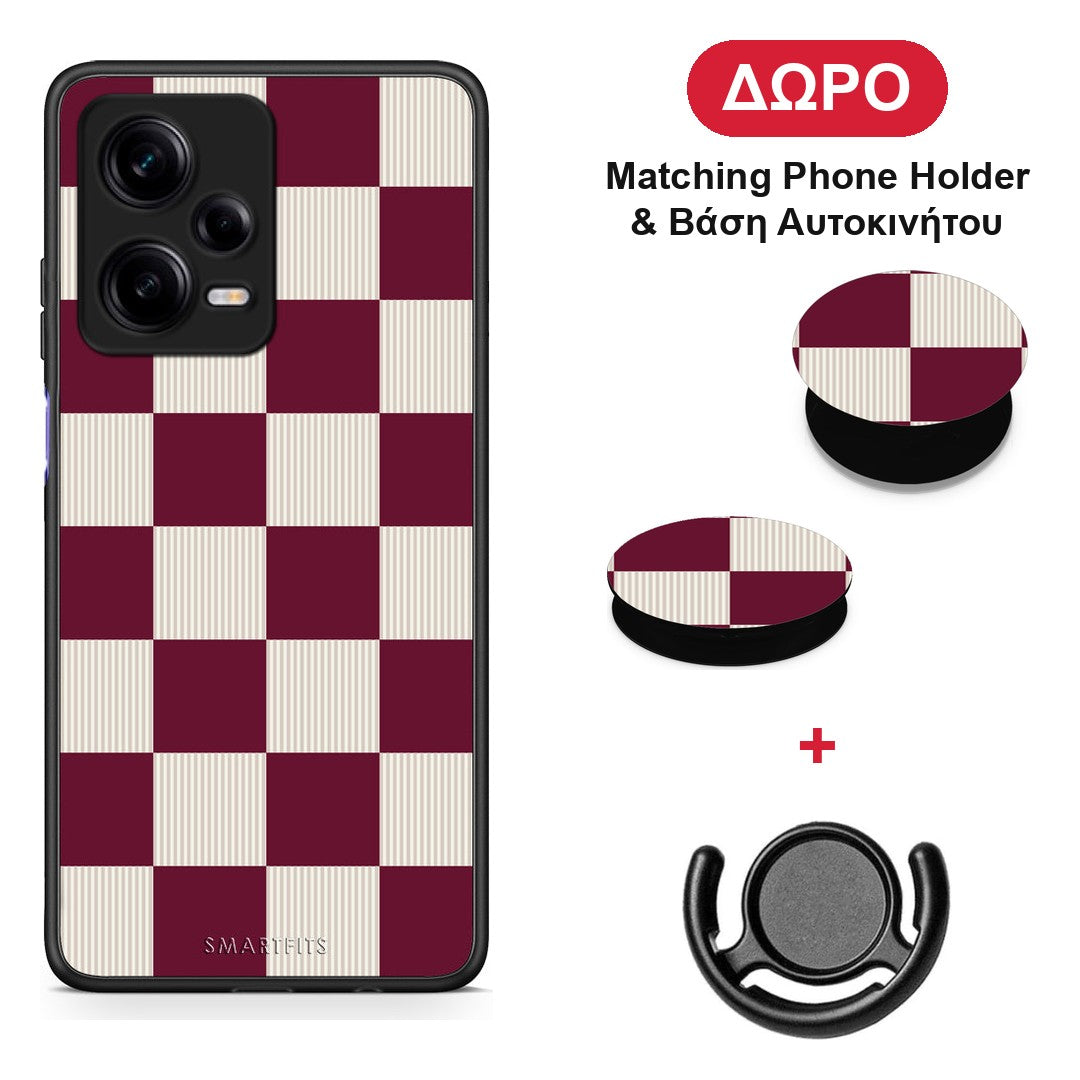 Burgundy and Cream Striped Checks - Xiaomi Redmi Note 12 Pro 5G θήκη + Δώρο Phone Holder & Βάση Αυτοκινήτου