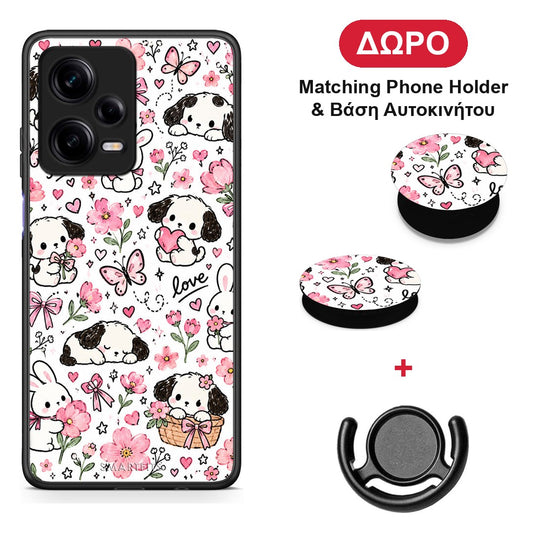 Pink Florals Puppies and Bunnies on White - Xiaomi Redmi Note 12 Pro 5G θήκη + Δώρο Phone Holder & Βάση Αυτοκινήτου