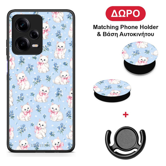 White Kittens and Blue Flowers Small - Xiaomi Redmi Note 12 Pro 5G θήκη + Δώρο Phone Holder & Βάση Αυτοκινήτου