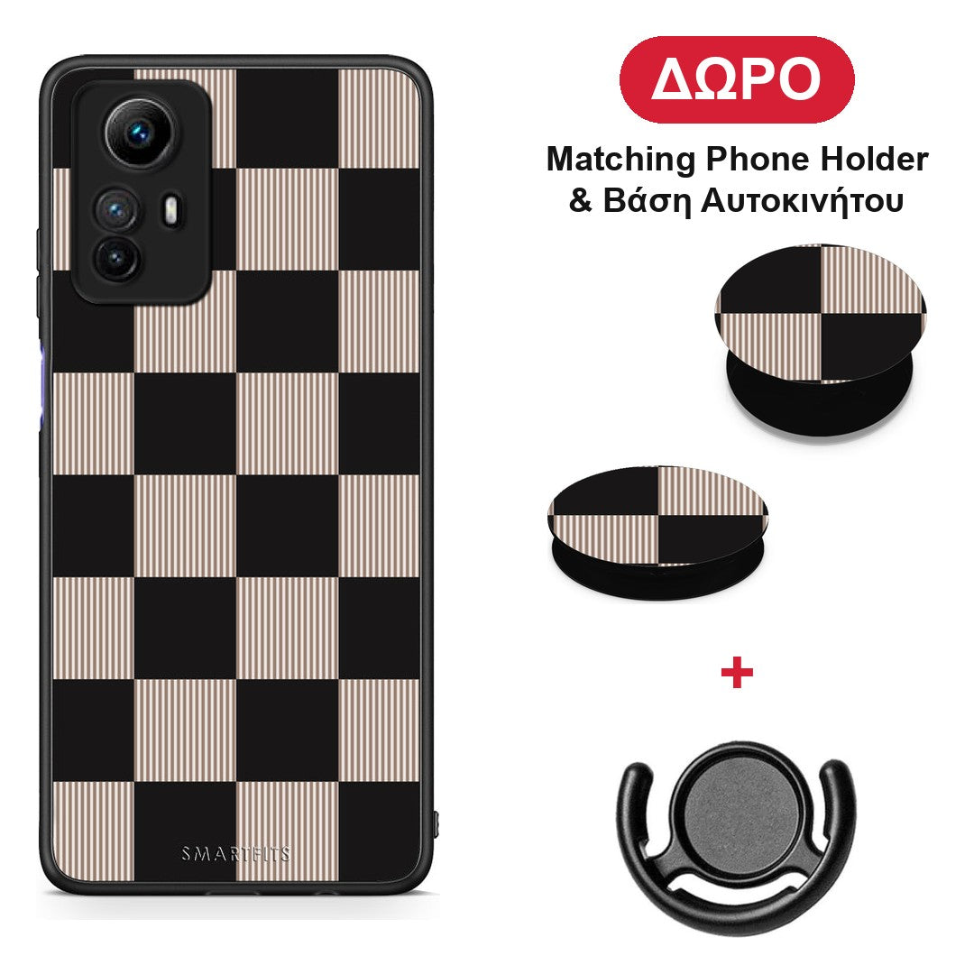 Black and Taupe Striped Checks - Xiaomi Redmi Note 12S θήκη + Δώρο Phone Holder & Βάση Αυτοκινήτου