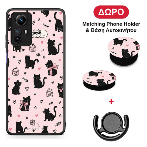 Black Cat Doodles on Pink - Xiaomi Redmi Note 12S θήκη + Δώρο Phone Holder & Βάση Αυτοκινήτου