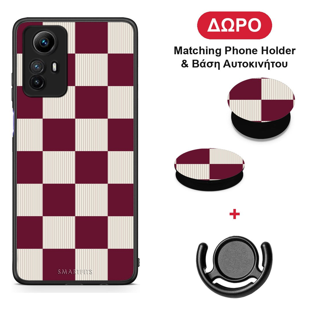 Burgundy and Cream Striped Checks - Xiaomi Redmi Note 12S θήκη + Δώρο Phone Holder & Βάση Αυτοκινήτου