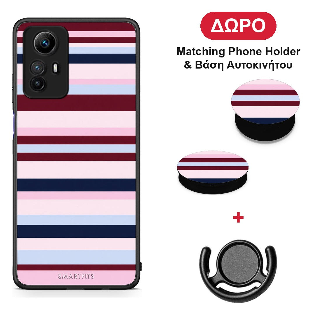 Burgundy Pink and Blue Horizontal Stripes - Xiaomi Redmi Note 12S θήκη + Δώρο Phone Holder & Βάση Αυτοκινήτου