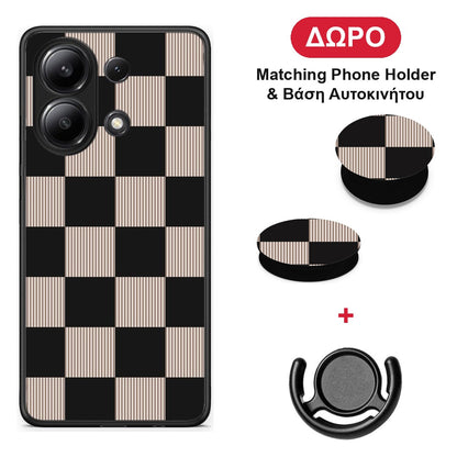 Black and Taupe Striped Checks - Xiaomi Redmi Note 13 4G θήκη + Δώρο Phone Holder & Βάση Αυτοκινήτου