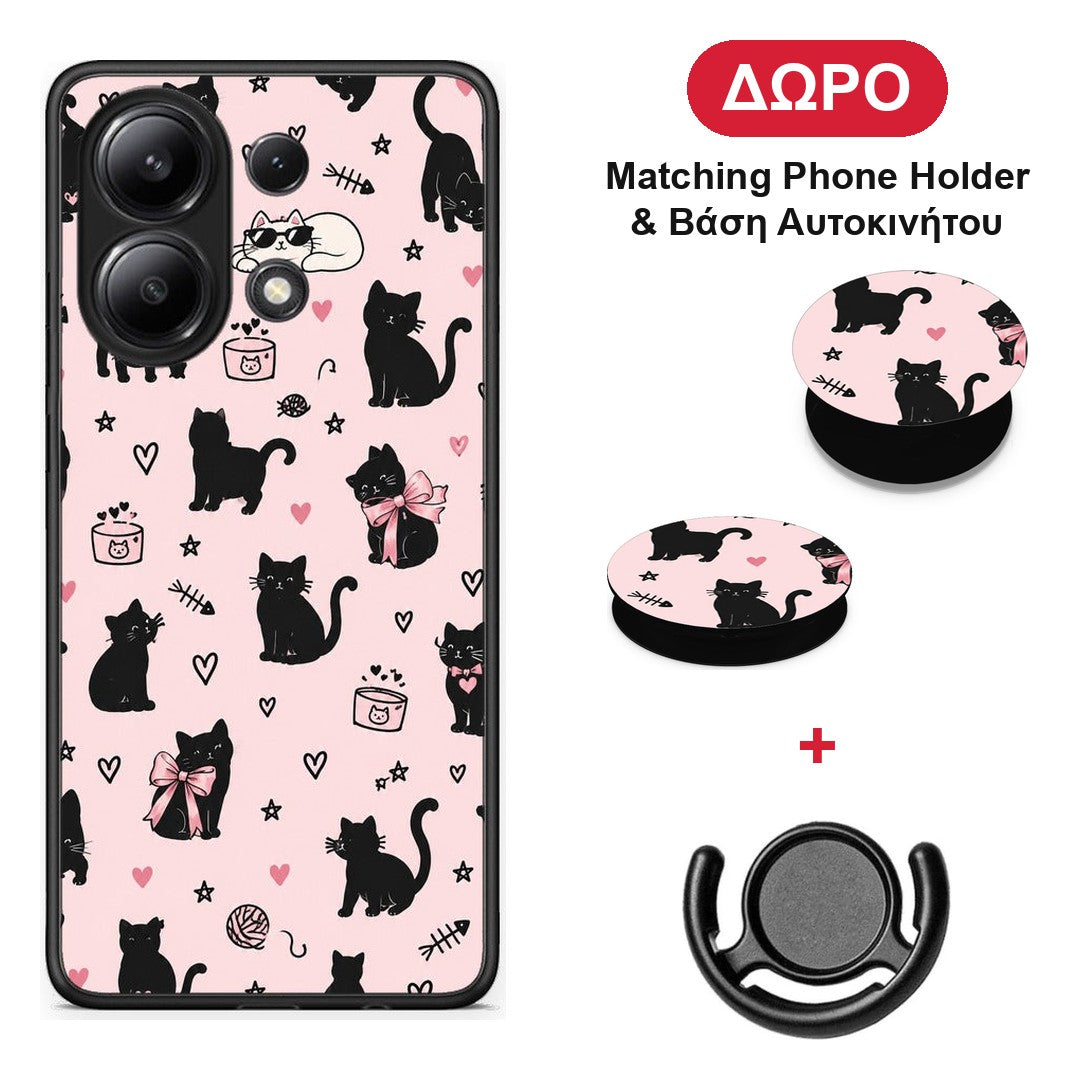 Black Cat Doodles on Pink - Xiaomi Redmi Note 13 4G θήκη + Δώρο Phone Holder & Βάση Αυτοκινήτου
