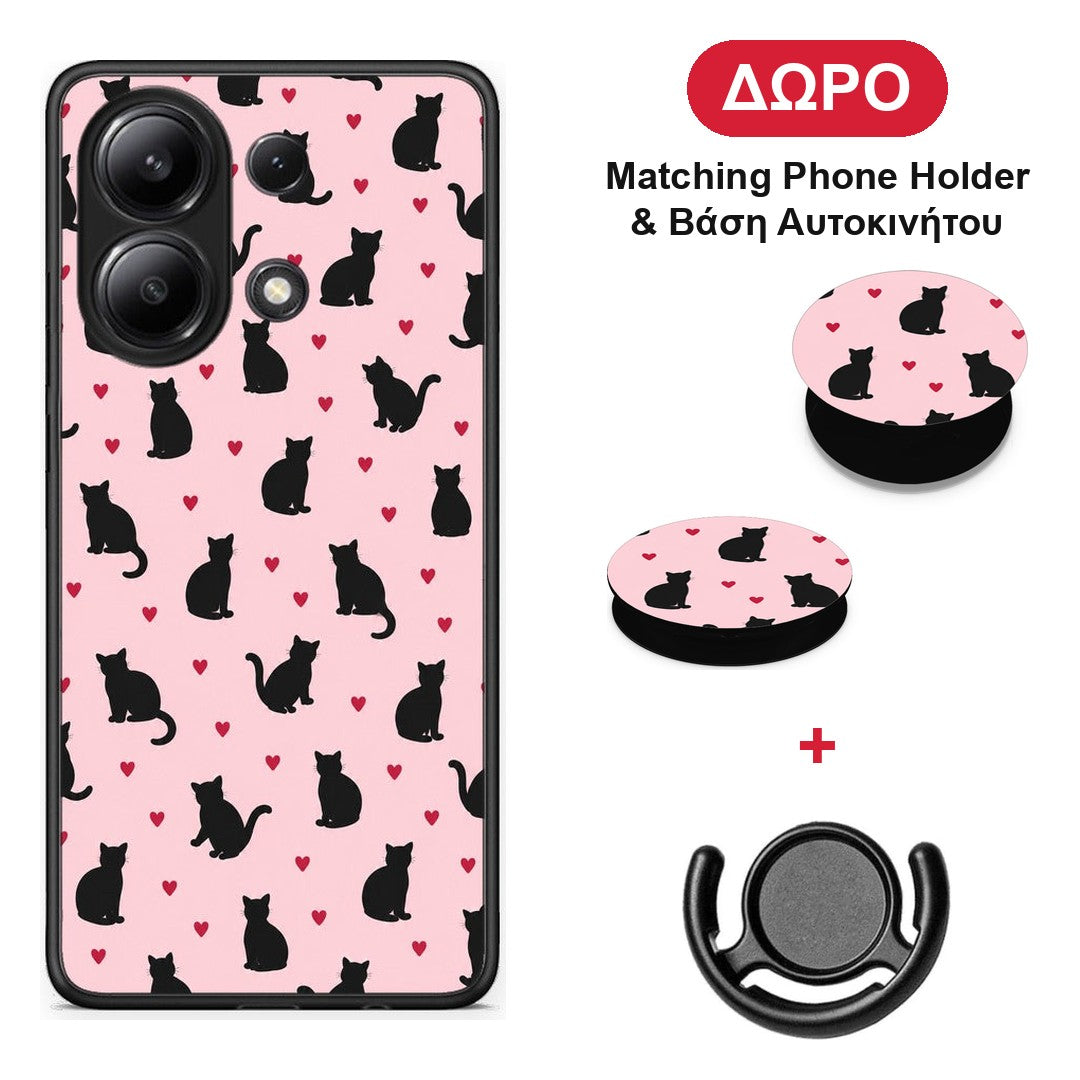 Black Cat Silhouettes and Hearts on Pink - Xiaomi Redmi Note 13 4G θήκη + Δώρο Phone Holder & Βάση Αυτοκινήτου