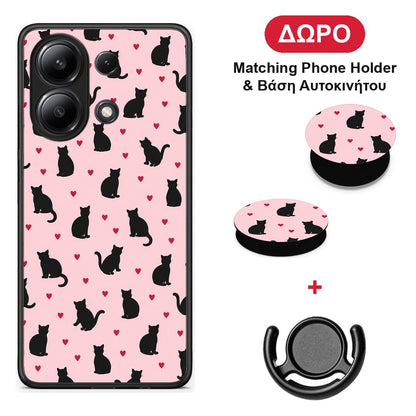 Black Cat Silhouettes and Hearts on Pink - Xiaomi Redmi Note 13 4G θήκη + Δώρο Phone Holder & Βάση Αυτοκινήτου