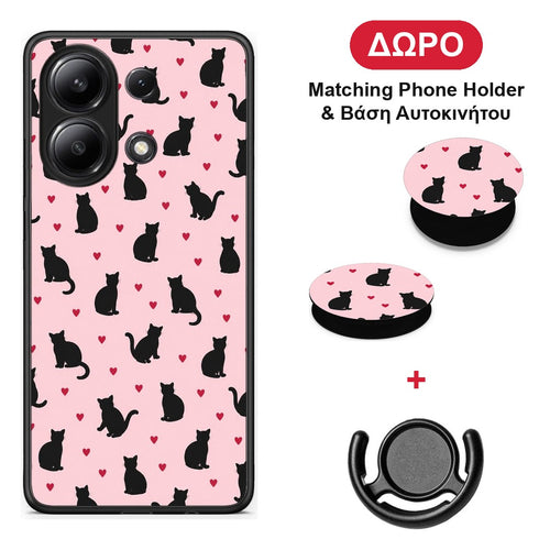 Black Cat Silhouettes and Hearts on Pink - Xiaomi Redmi Note 13 4G θήκη + Δώρο Phone Holder & Βάση Αυτοκινήτου