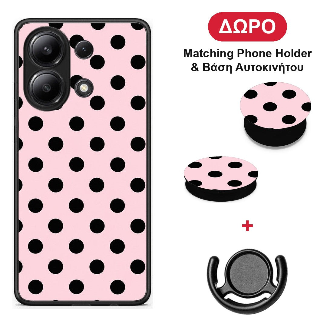 Black Polka Dots on Pink - Xiaomi Redmi Note 13 4G θήκη + Δώρο Phone Holder & Βάση Αυτοκινήτου