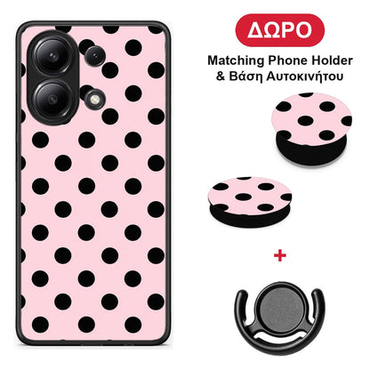 Black Polka Dots on Pink - Xiaomi Redmi Note 13 4G θήκη + Δώρο Phone Holder & Βάση Αυτοκινήτου
