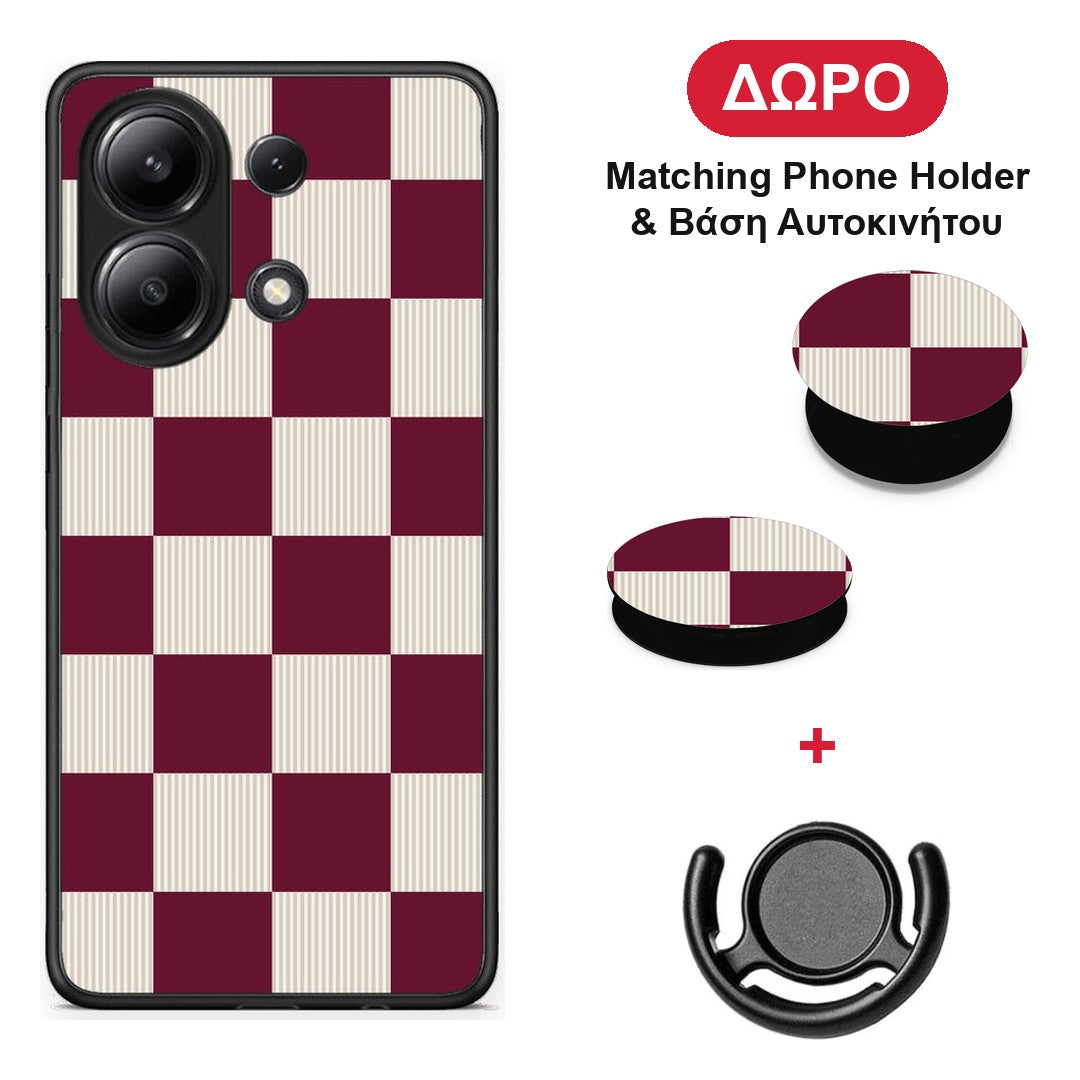 Burgundy and Cream Striped Checks - Xiaomi Redmi Note 13 4G θήκη + Δώρο Phone Holder & Βάση Αυτοκινήτου