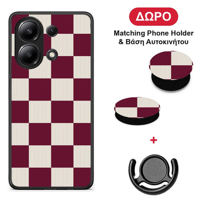 Burgundy and Cream Striped Checks - Xiaomi Redmi Note 13 4G θήκη + Δώρο Phone Holder & Βάση Αυτοκινήτου