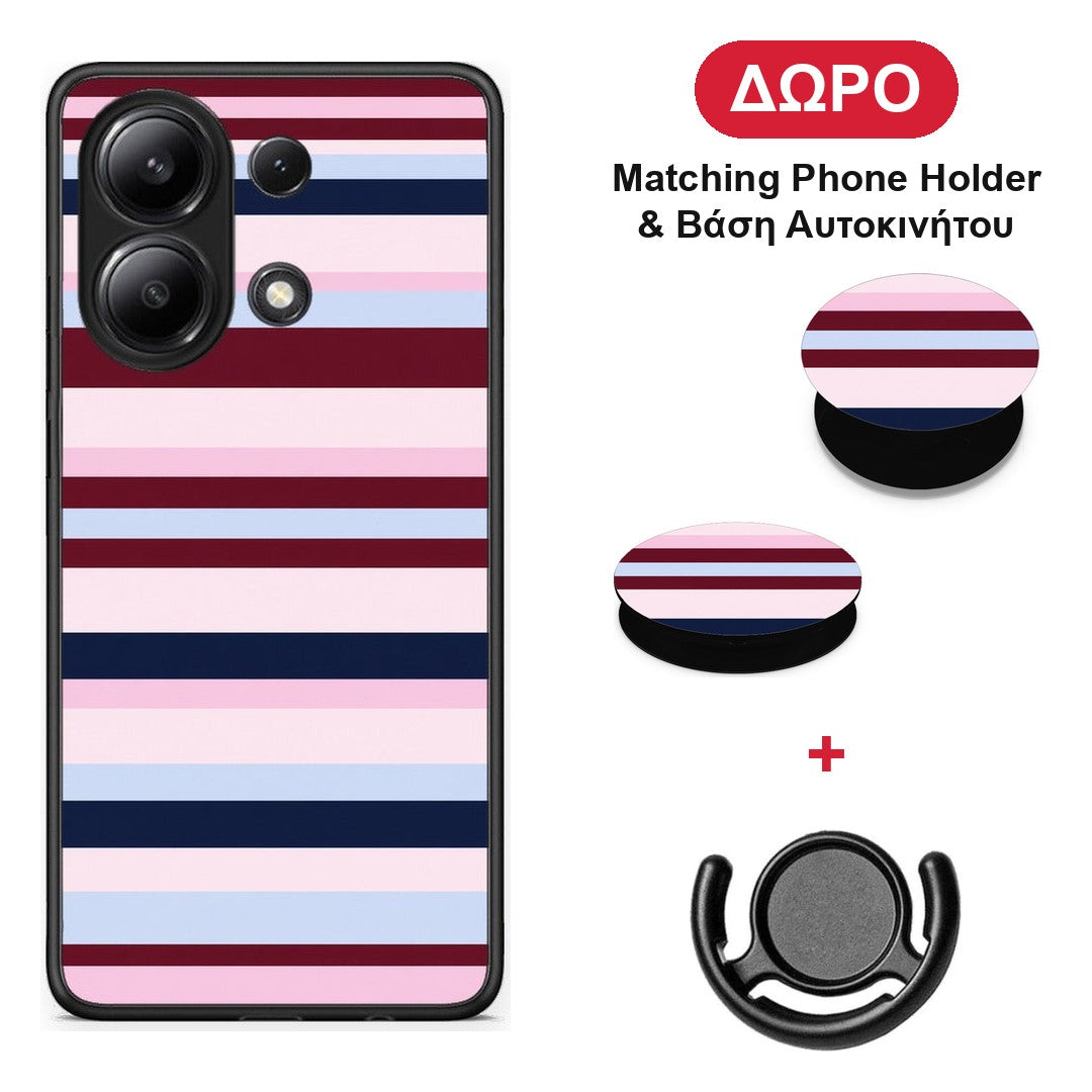 Burgundy Pink and Blue Horizontal Stripes - Xiaomi Redmi Note 13 4G θήκη + Δώρο Phone Holder & Βάση Αυτοκινήτου