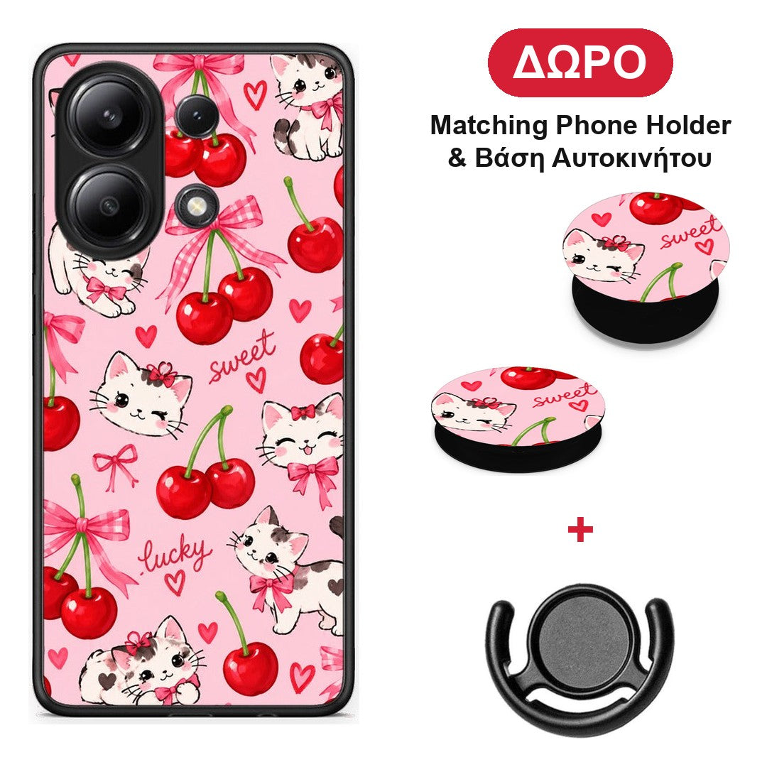 Cherries Bows and Kittens on Pink - Xiaomi Redmi Note 13 4G θήκη + Δώρο Phone Holder & Βάση Αυτοκινήτου
