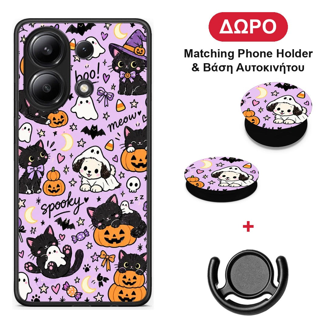 Halloween Black Cats on Lilac - Xiaomi Redmi Note 13 4G θήκη + Δώρο Phone Holder & Βάση Αυτοκινήτου