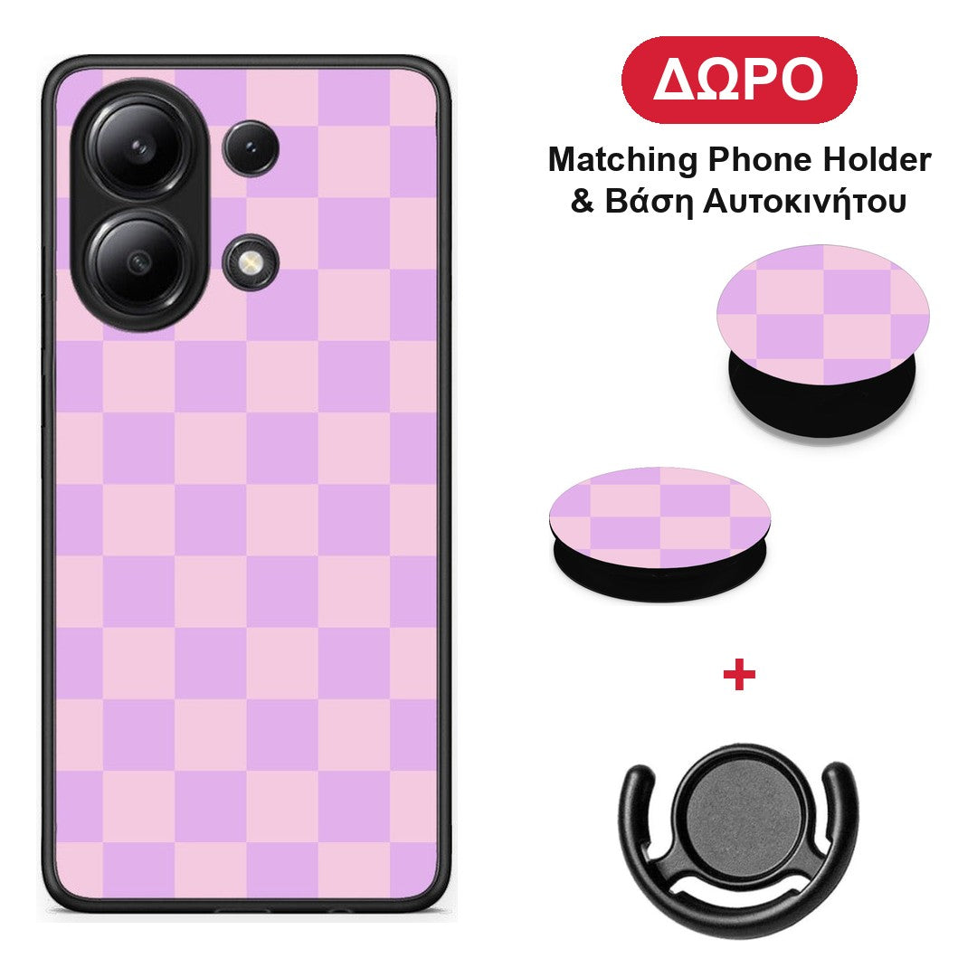 Lavender and Pink Checkerboard - Xiaomi Redmi Note 13 4G θήκη + Δώρο Phone Holder & Βάση Αυτοκινήτου