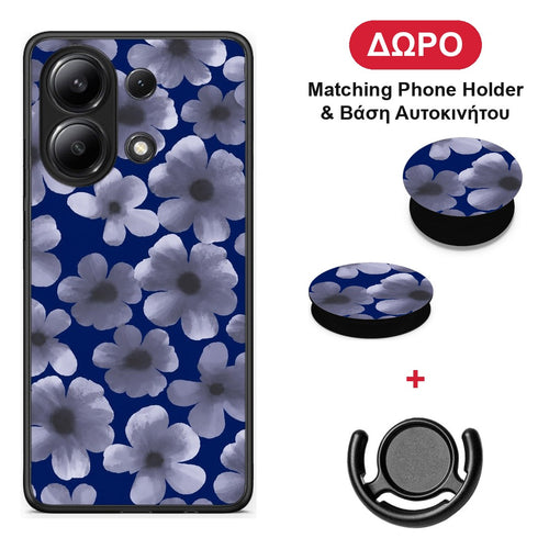 Pale Blue Flowers on Navy - Xiaomi Redmi Note 13 4G θήκη + Δώρο Phone Holder & Βάση Αυτοκινήτου