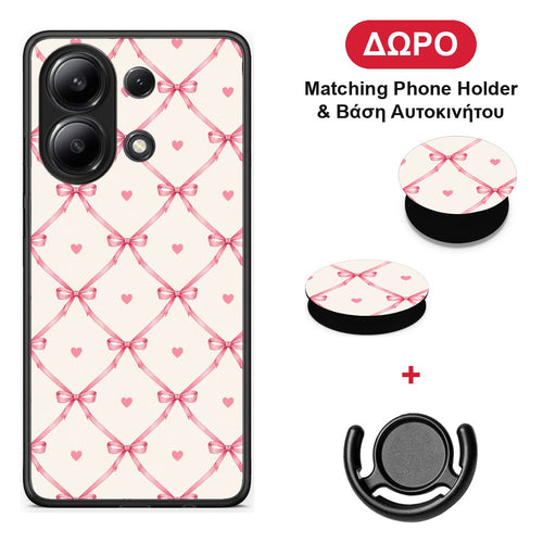 Pink Bow Lattice and Hearts on Cream - Xiaomi Redmi Note 13 4G θήκη + Δώρο Phone Holder & Βάση Αυτοκινήτου