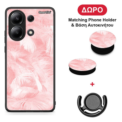 Boho Pink Feather - Xiaomi Redmi Note 13 4G θήκη + Δώρο Phone Holder & Βάση Αυτοκινήτου