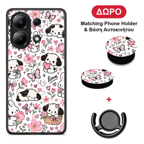 Pink Florals Puppies and Bunnies on White - Xiaomi Redmi Note 13 4G θήκη + Δώρο Phone Holder & Βάση Αυτοκινήτου