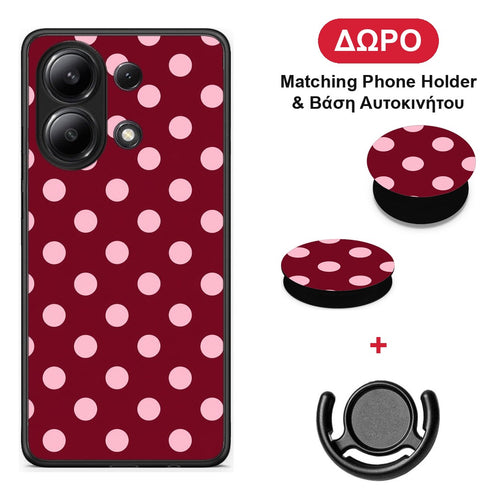 Pink Polka Dots on Burgundy - Xiaomi Redmi Note 13 4G θήκη + Δώρο Phone Holder & Βάση Αυτοκινήτου