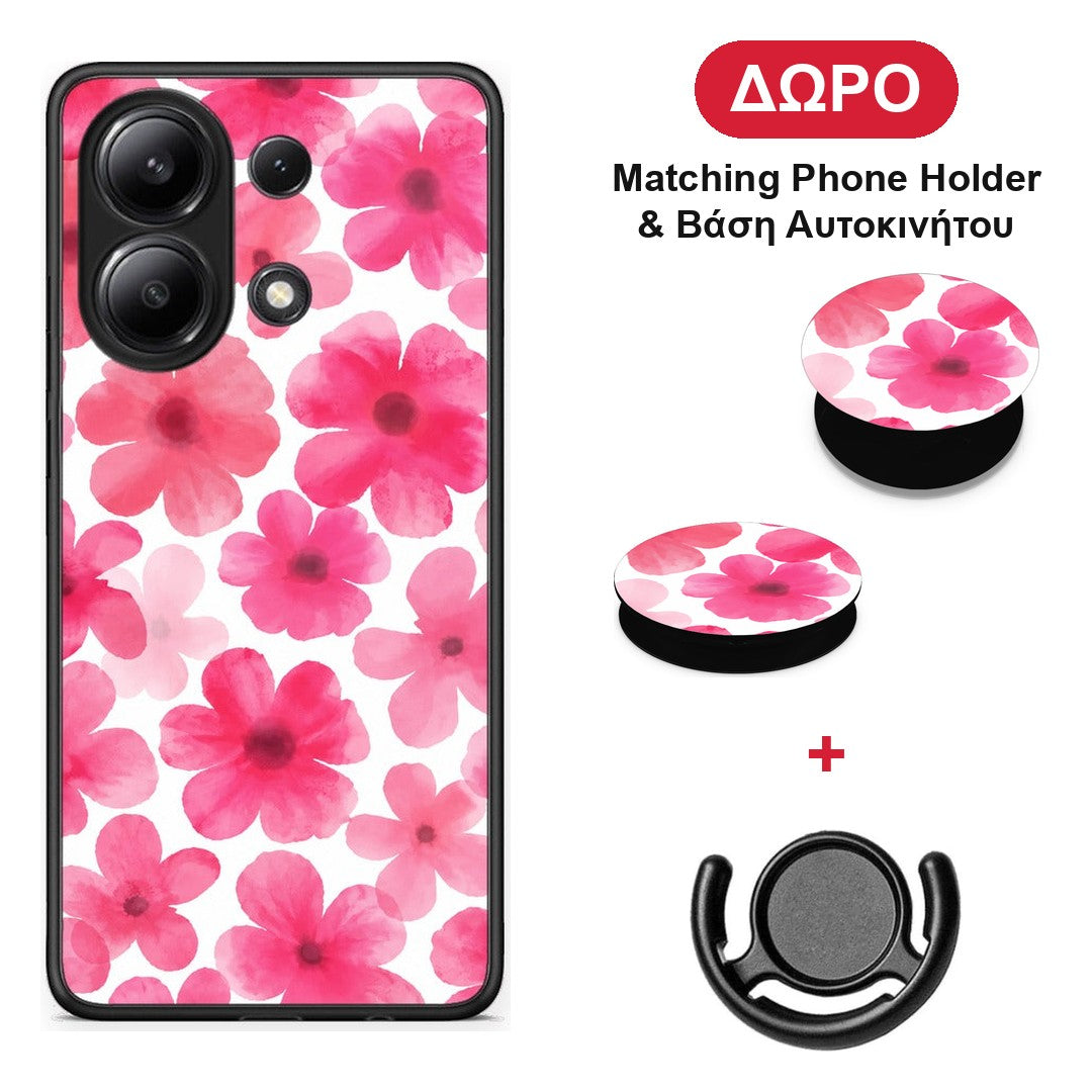 Pink Watercolour Flowers on White - Xiaomi Redmi Note 13 4G θήκη + Δώρο Phone Holder & Βάση Αυτοκινήτου