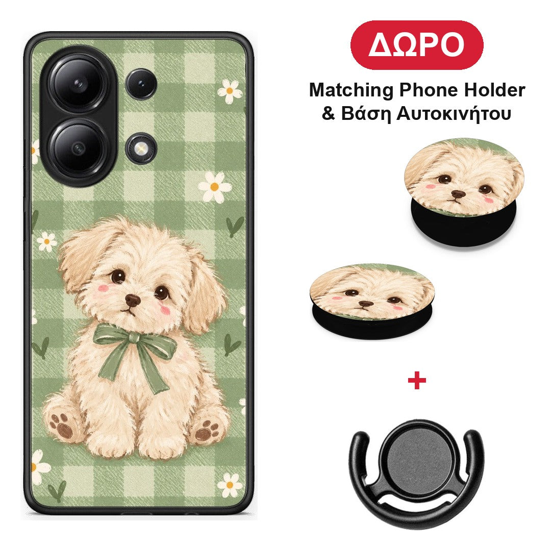 Puppy and Daisies on Sage Gingham - Xiaomi Redmi Note 13 4G θήκη + Δώρο Phone Holder & Βάση Αυτοκινήτου