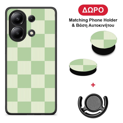 Sage and Cream Striped Checks - Xiaomi Redmi Note 13 4G θήκη + Δώρο Phone Holder & Βάση Αυτοκινήτου