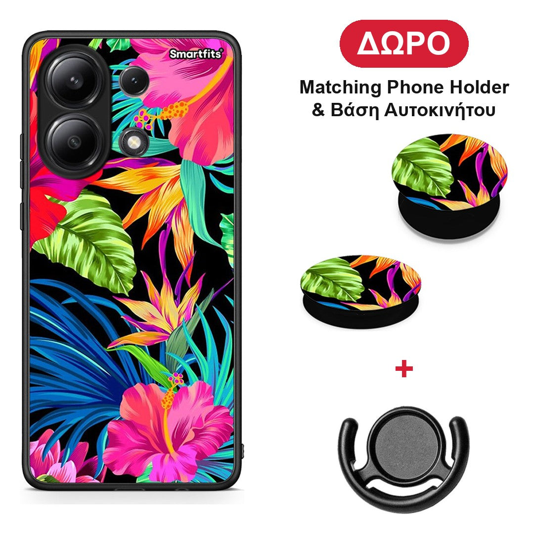 Tropical Flowers - Xiaomi Redmi Note 13 4G θήκη + Δώρο Phone Holder & Βάση Αυτοκινήτου