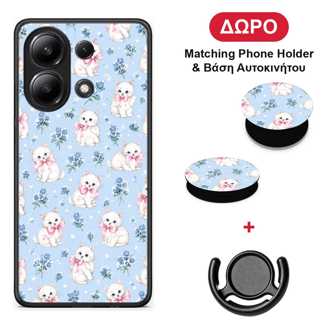 White Kittens and Blue Flowers Small - Xiaomi Redmi Note 13 4G θήκη + Δώρο Phone Holder & Βάση Αυτοκινήτου