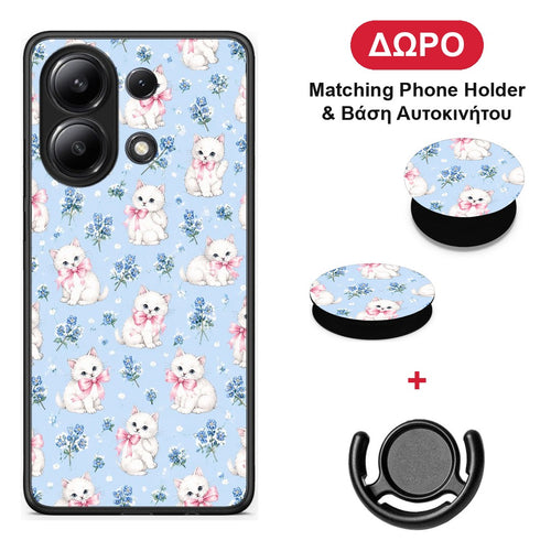 White Kittens and Blue Flowers Small - Xiaomi Redmi Note 13 4G θήκη + Δώρο Phone Holder & Βάση Αυτοκινήτου