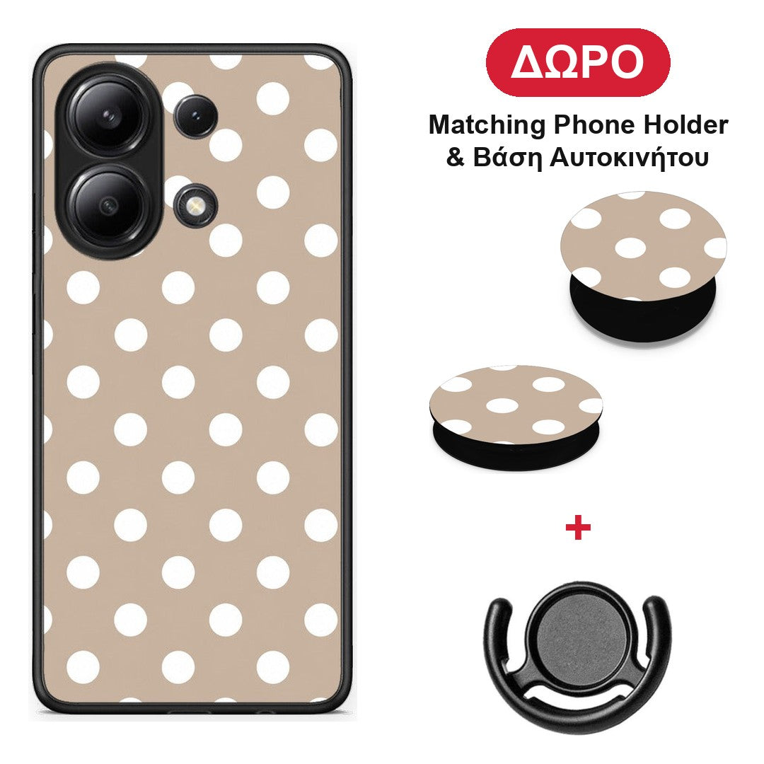 White Polka Dots on Taupe - Xiaomi Redmi Note 13 4G θήκη + Δώρο Phone Holder & Βάση Αυτοκινήτου