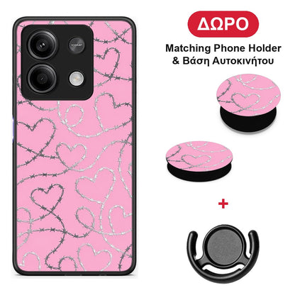 Barbed Wire Hearts on Pink - Xiaomi Redmi Note 13 5G θήκη + Δώρο Phone Holder & Βάση Αυτοκινήτου